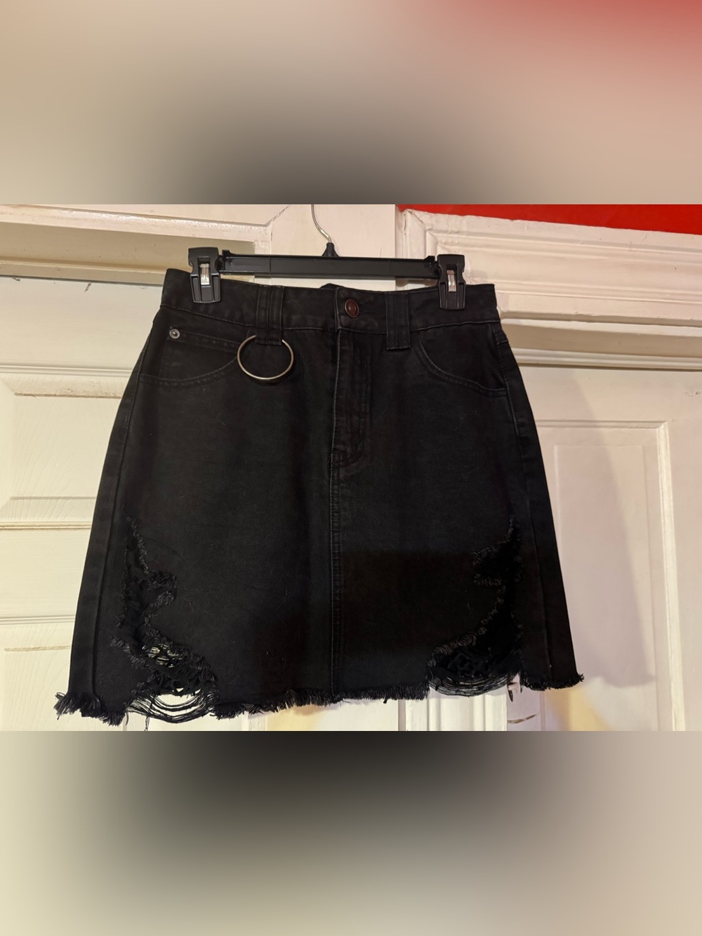 Killstar Rawked Out Black Distressed Denim Mini Skirt with O-Ring Detail M